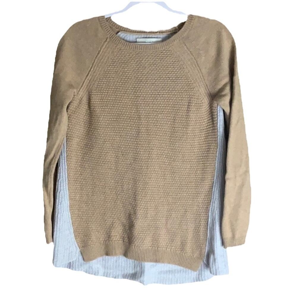 Ann Taylor LOFT Merino Wool Gray Tan Colorblock Sweater SZ Medium